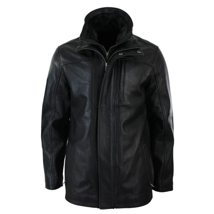 Mens 3/4 Real Leather Safari Jacket Overcoat Removable Double Zip Black Brown - Image 1