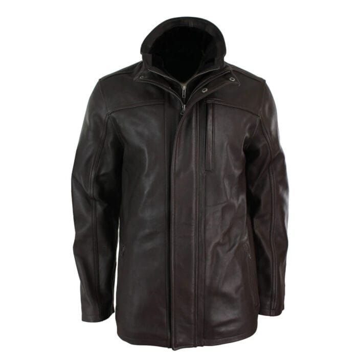 Mens 3/4 Real Leather Safari Jacket Overcoat Removable Double Zip Black Brown - Image 5