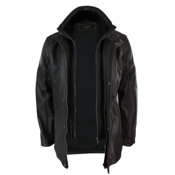 Mens 3/4 Real Leather Safari Jacket Overcoat Removable Double Zip Black Brown - Image 7
