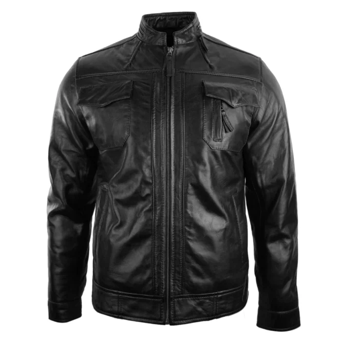 Mens Short Zipped Casual Wine Burgundy Real Leather Retro Biker Jacket Washed Vintage - Image 1