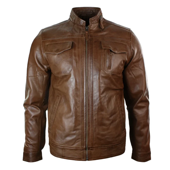 Mens Short Zipped Casual Wine Burgundy Real Leather Retro Biker Jacket Washed Vintage - Image 5