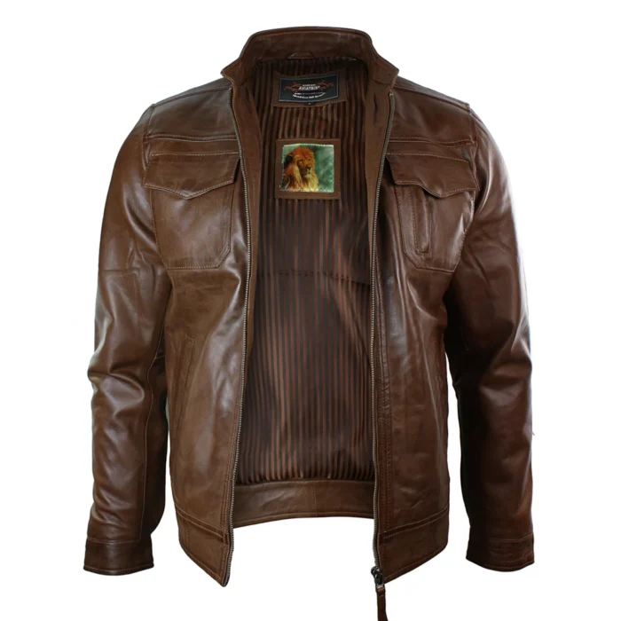 Mens Short Zipped Casual Wine Burgundy Real Leather Retro Biker Jacket Washed Vintage - Image 7