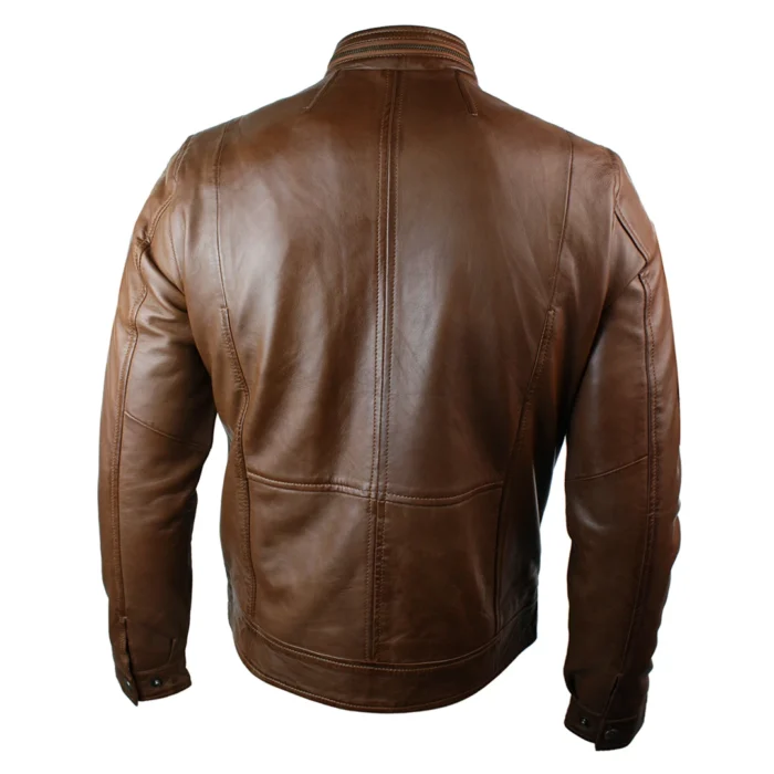 Mens Short Zipped Casual Wine Burgundy Real Leather Retro Biker Jacket Washed Vintage - Image 8