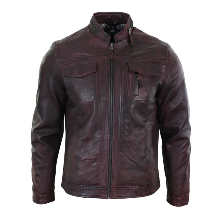 Mens Short Zipped Casual Wine Burgundy Real Leather Retro Biker Jacket Washed Vintage - Image 9