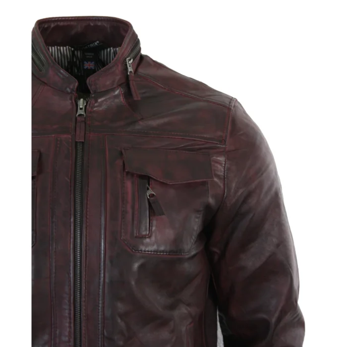 Mens Short Zipped Casual Wine Burgundy Real Leather Retro Biker Jacket Washed Vintage - Image 12