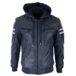 Mens Blue Black Hood Real Leather Bomber Jacket Red Stripes Quilted Slim Fit Casual - Image 21
