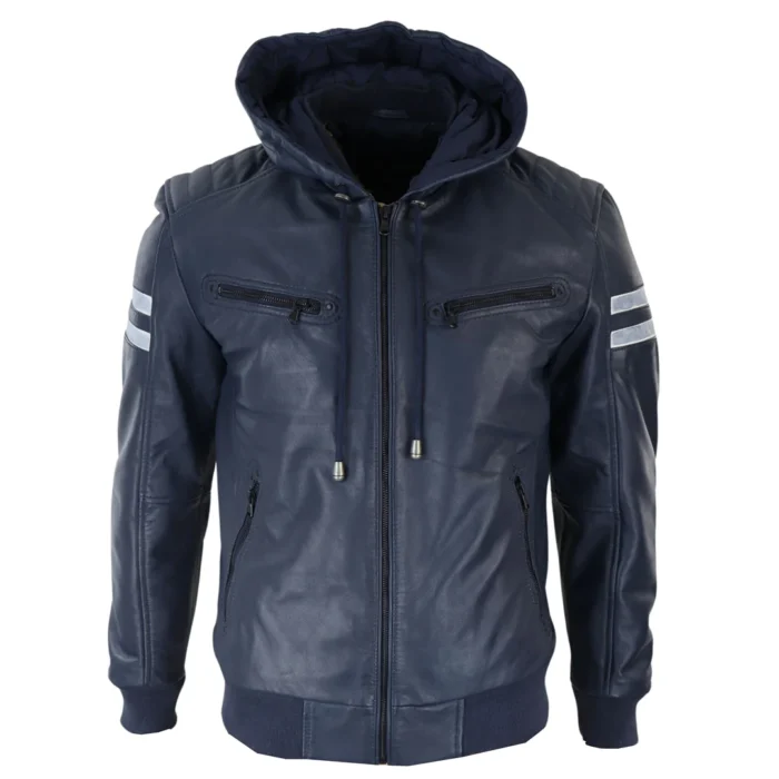 Mens Blue Black Hood Real Leather Bomber Jacket Red Stripes Quilted Slim Fit Casual - Image 21