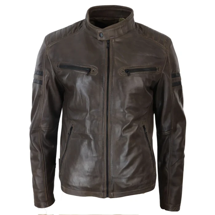 Mens Real Leather Biker Racing Jacket Red Stripes Zip Retro Casual Black Short - Image 14