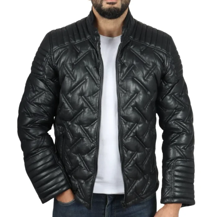 Men's Quilted Puffer Padded Biker Motorcycle Style Real Leather Jacket - Image 2
