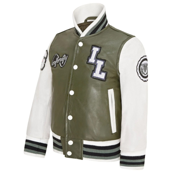 Kids Olive Green Genuine Leather Bomber Jacket Baseball Letterman Coat - Image 2