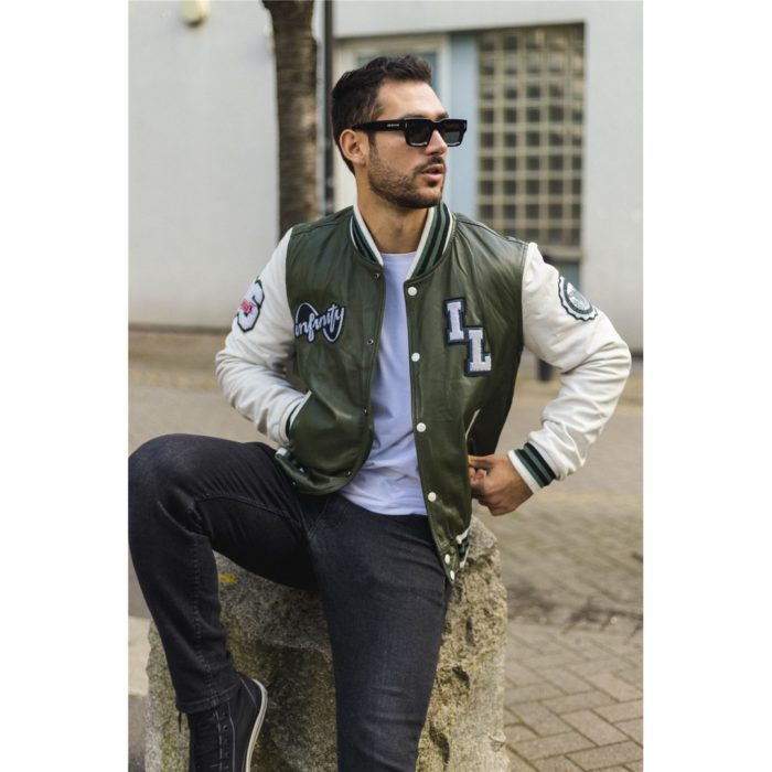 Men's Olive Green Genuine Leather Bomber Jacket Baseball Letterman Coat - Image 2