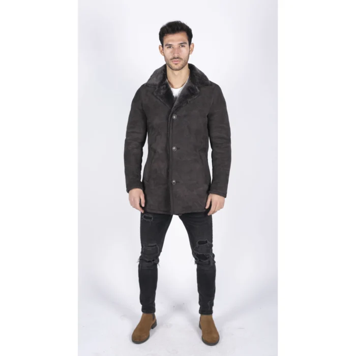 Mens Real Sheepskin Coat Brown Vintage Classic 3/4 Jacket Button Down V Neck - Image 2