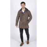 Mens Real Sheepskin Coat Beige Vintage Classic 3/4 Jacket Button Down V Neck - Image 2