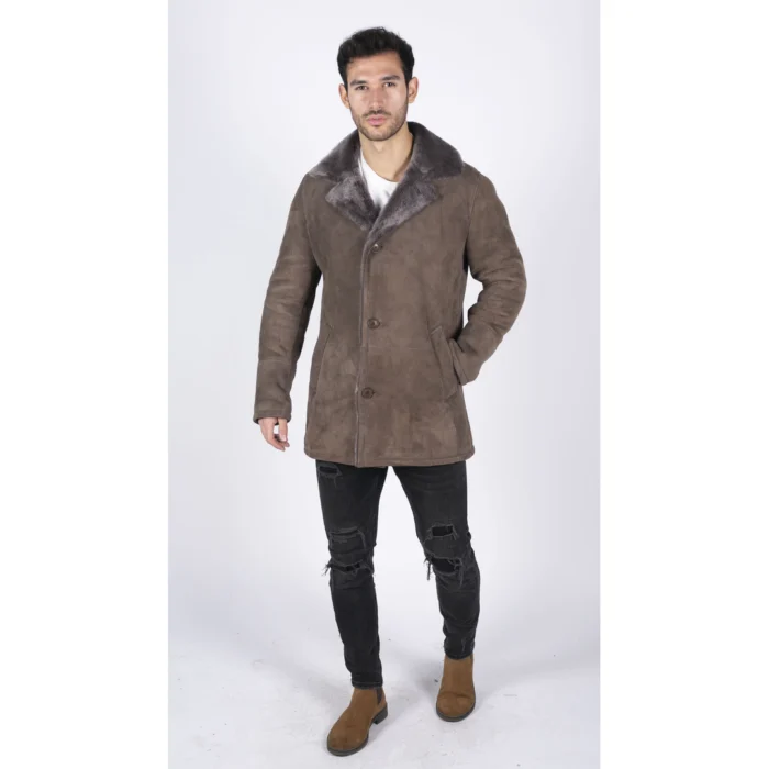 Mens Real Sheepskin Coat Beige Vintage Classic 3/4 Jacket Button Down V Neck - Image 2