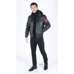 Mens Blue Black Hood Real Leather Bomber Jacket Red Stripes Quilted Slim Fit Casual - Image 2