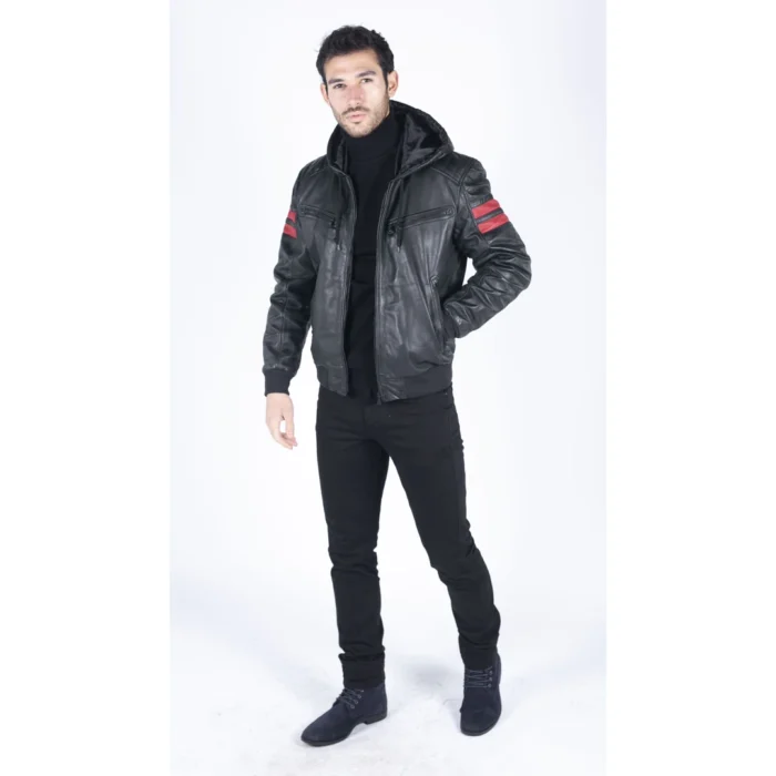 Mens Blue Black Hood Real Leather Bomber Jacket Red Stripes Quilted Slim Fit Casual - Image 2