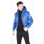 Mens Blue Black Hood Real Leather Bomber Jacket Red Stripes Quilted Slim Fit Casual - Image 7