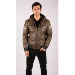 Mens Blue Black Hood Real Leather Bomber Jacket Red Stripes Quilted Slim Fit Casual - Image 14