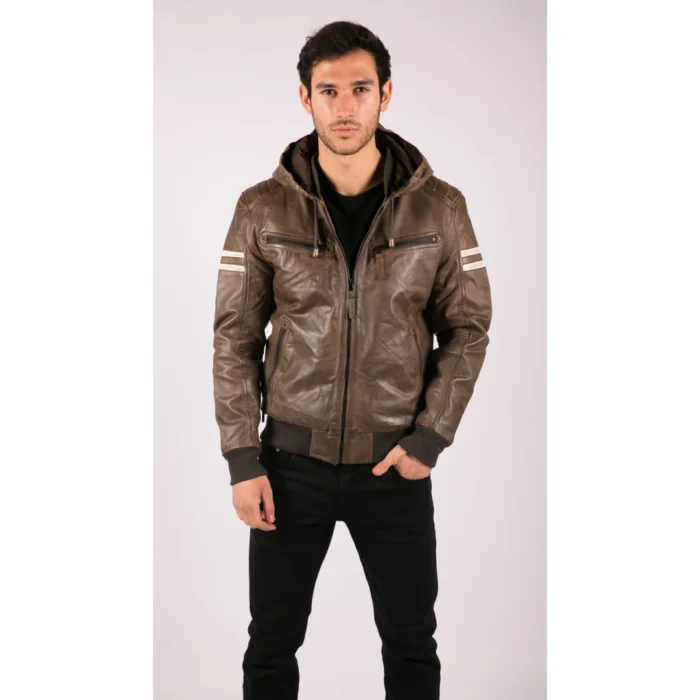 Mens Blue Black Hood Real Leather Bomber Jacket Red Stripes Quilted Slim Fit Casual - Image 14