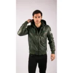 Mens Blue Black Hood Real Leather Bomber Jacket Red Stripes Quilted Slim Fit Casual - Image 18