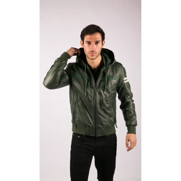 Mens Blue Black Hood Real Leather Bomber Jacket Red Stripes Quilted Slim Fit Casual - Image 18