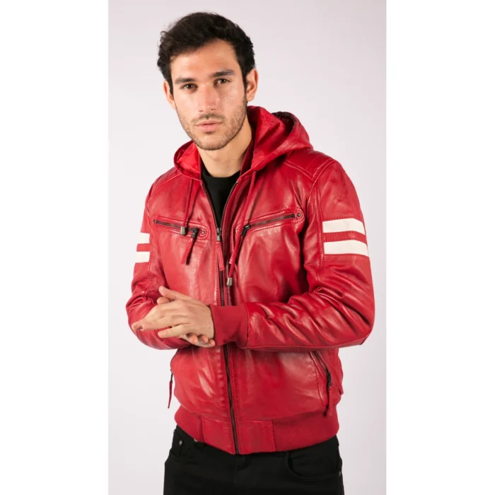 Mens Blue Black Hood Real Leather Bomber Jacket Red Stripes Quilted Slim Fit Casual - Image 27
