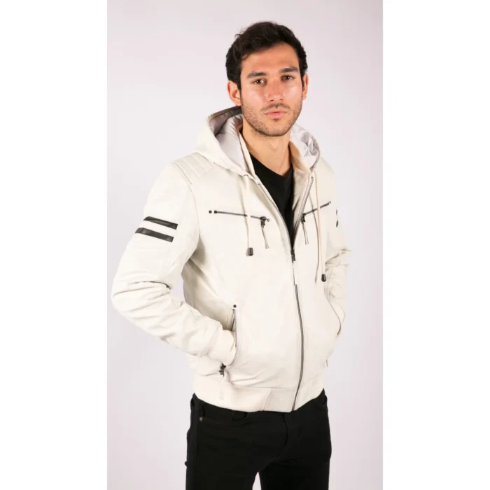 Mens Blue Black Hood Real Leather Bomber Jacket Red Stripes Quilted Slim Fit Casual - Image 32