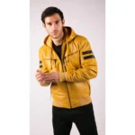 Mens Blue Black Hood Real Leather Bomber Jacket Red Stripes Quilted Slim Fit Casual - Image 37