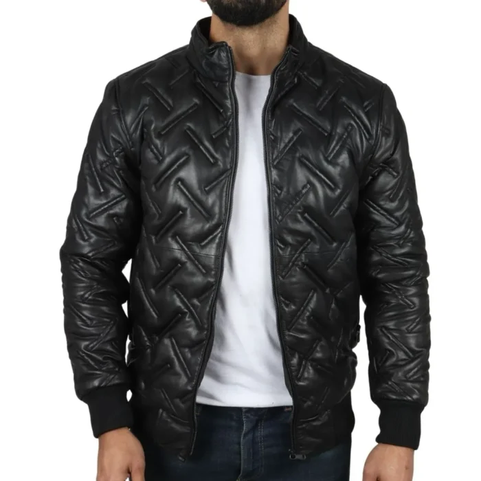 Men's Puffer Quilted Bomber Jacket Real Leather Casual - Image 2