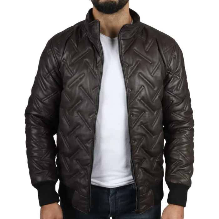 Men's Puffer Quilted Bomber Jacket Real Leather Casual - Image 13