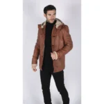 Mens Real Leather Hood Duffle Safari Jacket Long 3/4 Fur Washed Vintage Brown - Image 12