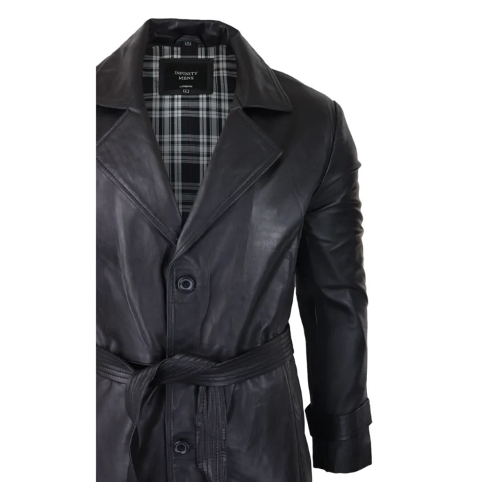 Mens Black 3/4 Mac Long Real Leather Classic Belted Punk Jacket Coat Vintage 80s - Image 2
