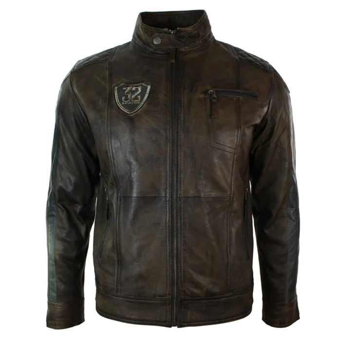 Mens Vintage Antique Brown Biker Style Real Leather Jacket Retro Casual Design - Image 1