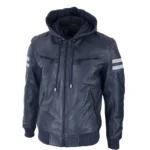 Mens Blue Black Hood Real Leather Bomber Jacket Red Stripes Quilted Slim Fit Casual - Image 25