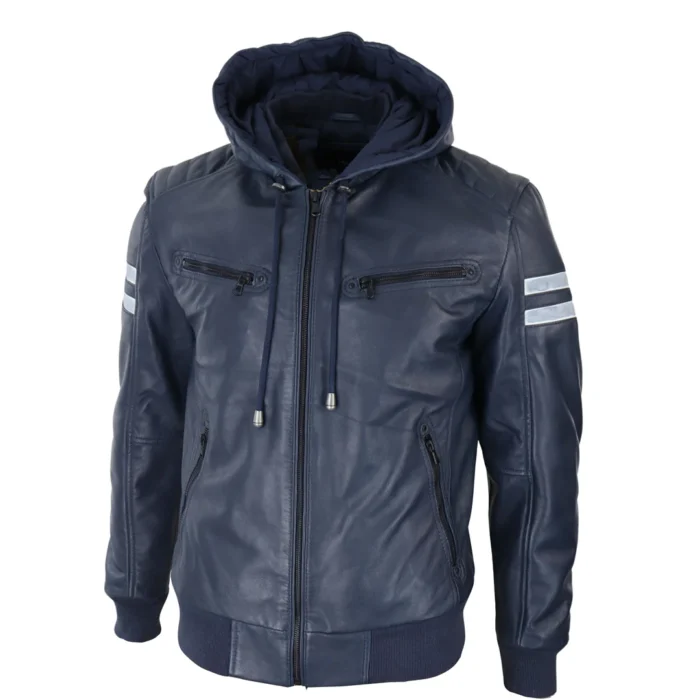 Mens Blue Black Hood Real Leather Bomber Jacket Red Stripes Quilted Slim Fit Casual - Image 25