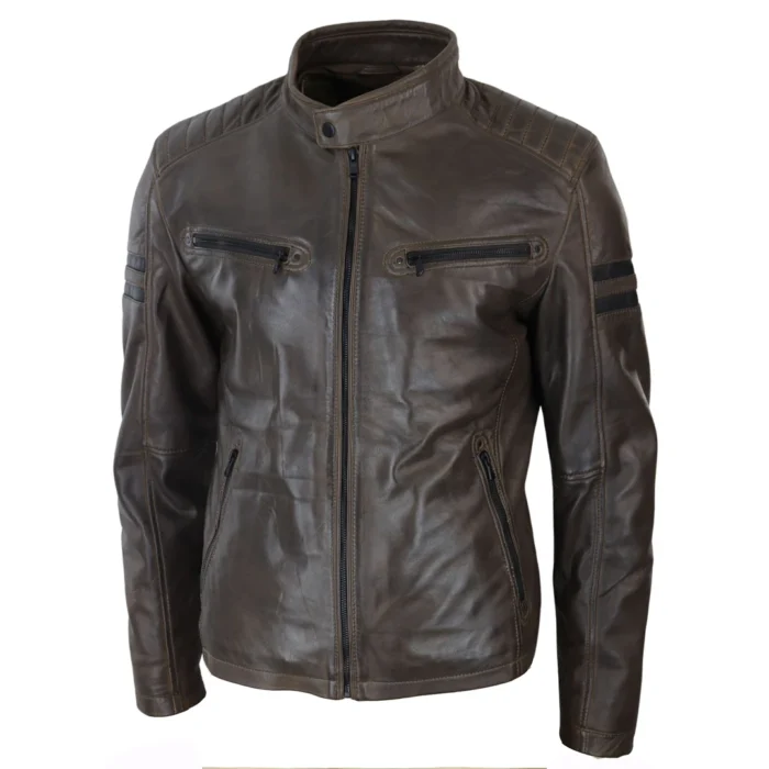 Mens Real Leather Biker Racing Jacket Red Stripes Zip Retro Casual Black Short - Image 18