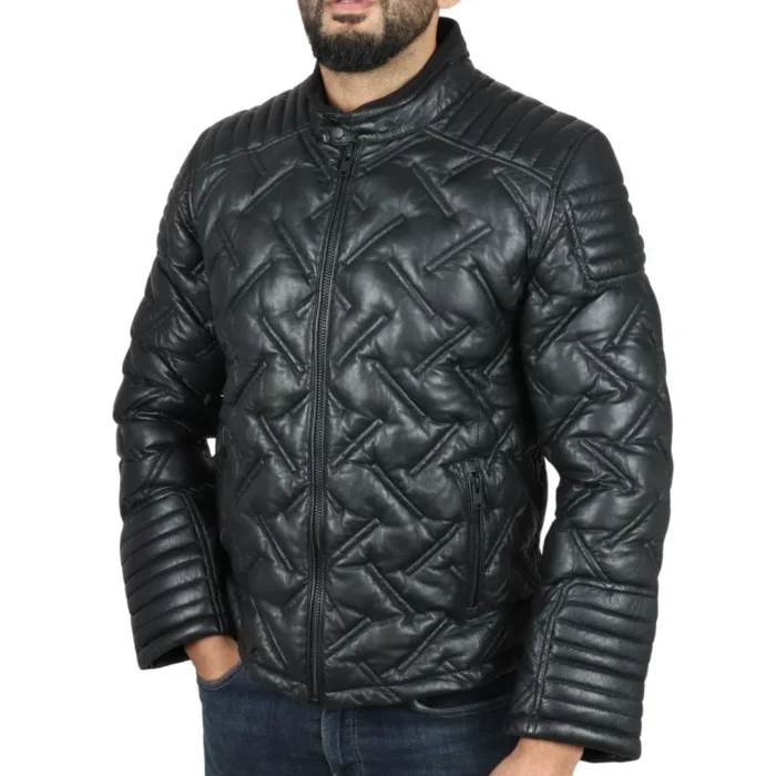 Men's Quilted Puffer Padded Biker Motorcycle Style Real Leather Jacket - Image 8