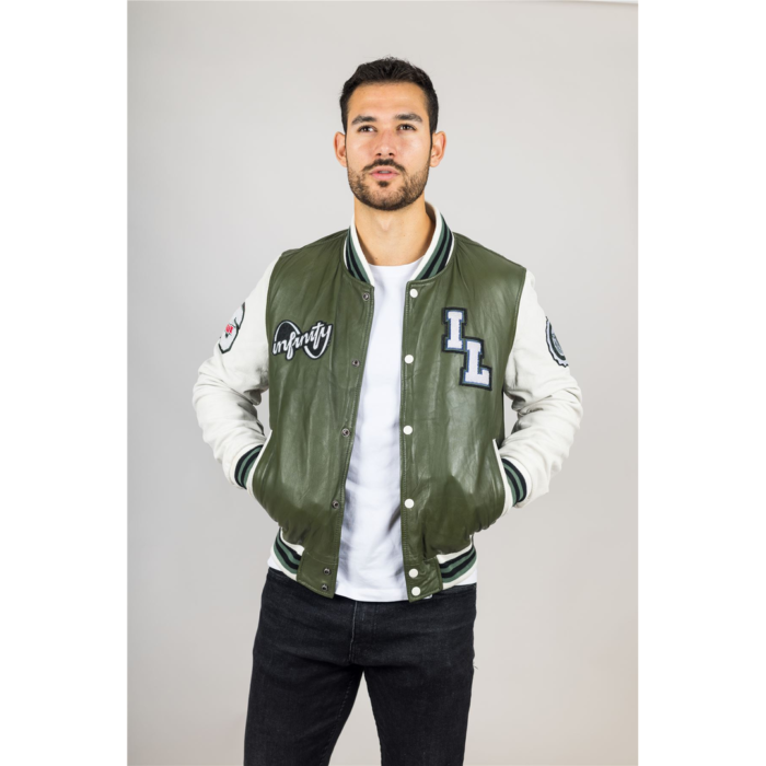Men's Olive Green Genuine Leather Bomber Jacket Baseball Letterman Coat - Image 7