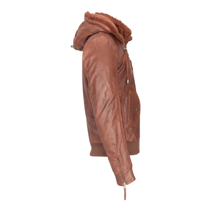 Mens Real Leather Hood Fur Jacket Bomber Aviator Tan Brown Retro - Image 3