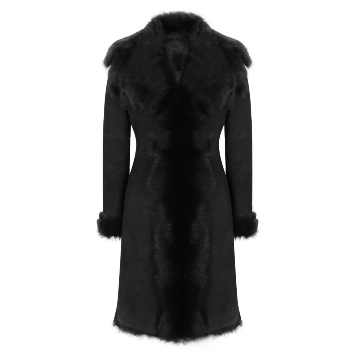 Black Luxury 3/4 Length Ladies Suede Real Toscana Sheepskin Coat Tailored Fit - Image 1