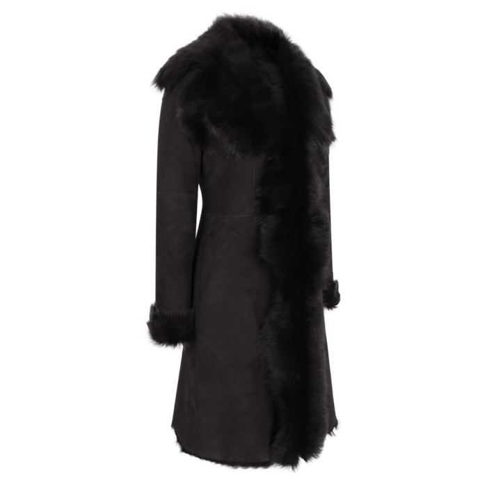 Black Luxury 3/4 Length Ladies Suede Real Toscana Sheepskin Coat Tailored Fit - Image 3