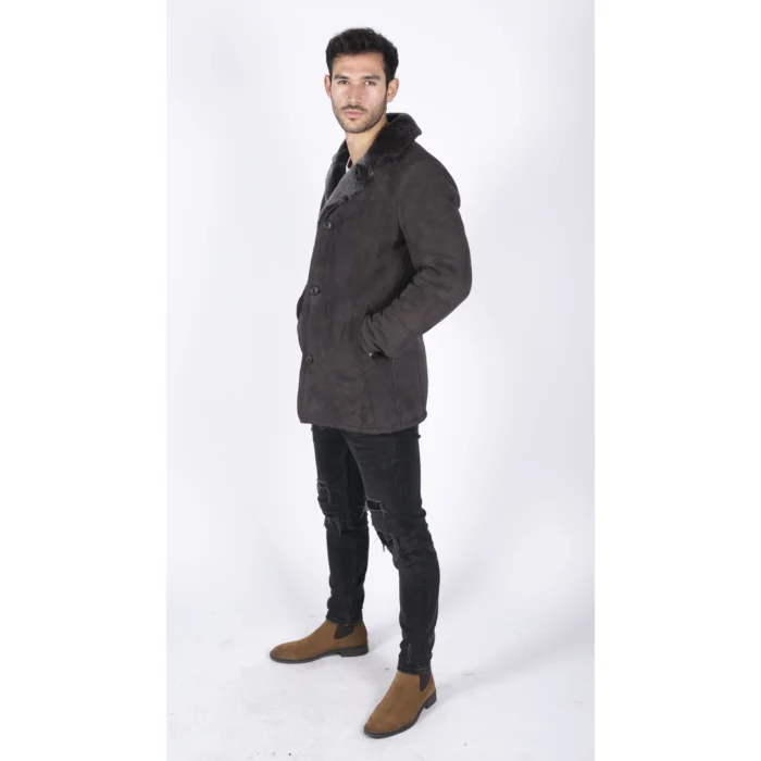 Mens Real Sheepskin Coat Brown Vintage Classic 3/4 Jacket Button Down V Neck - Image 4