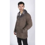Mens Real Sheepskin Coat Beige Vintage Classic 3/4 Jacket Button Down V Neck - Image 5