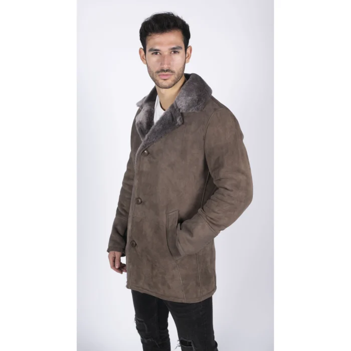 Mens Real Sheepskin Coat Beige Vintage Classic 3/4 Jacket Button Down V Neck - Image 5