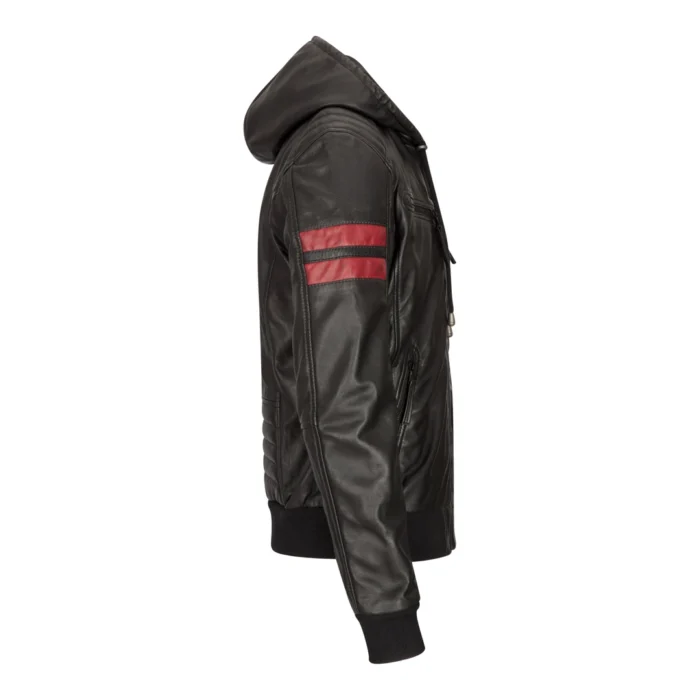 Mens Blue Black Hood Real Leather Bomber Jacket Red Stripes Quilted Slim Fit Casual - Image 5