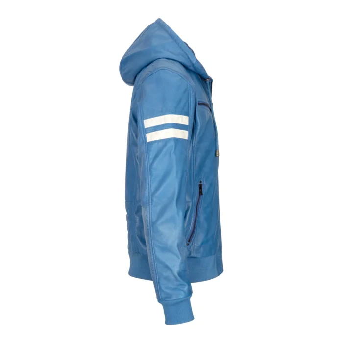 Mens Blue Black Hood Real Leather Bomber Jacket Red Stripes Quilted Slim Fit Casual - Image 10