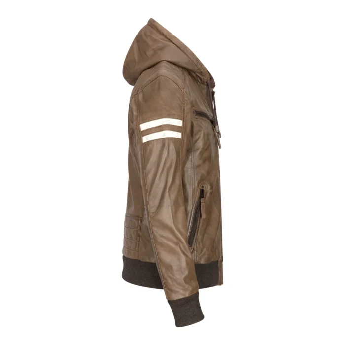 Mens Blue Black Hood Real Leather Bomber Jacket Red Stripes Quilted Slim Fit Casual - Image 13