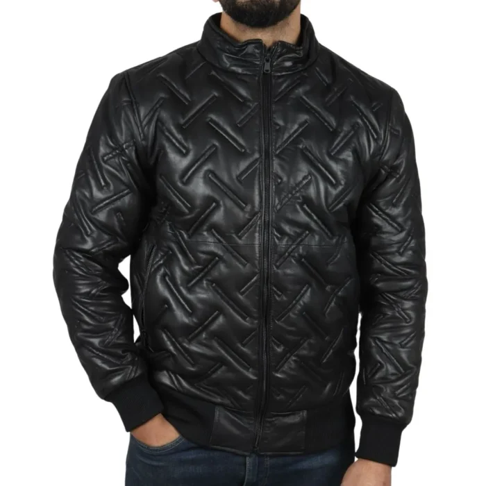 Men's Puffer Quilted Bomber Jacket Real Leather Casual - Image 6
