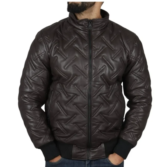 Men's Puffer Quilted Bomber Jacket Real Leather Casual - Image 12