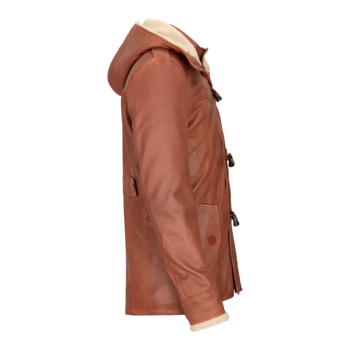 Mens Real Leather Hood Duffle Safari Jacket Long 3/4 Fur Washed Vintage Brown - Image 11